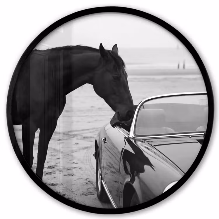 Paard - Auto - Zwart - Wit Fotolijst rond zonder passe partout klein -3d