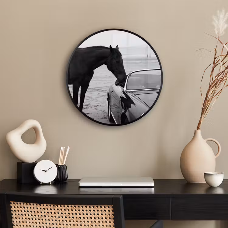 Paard - Auto - Zwart - Wit Fotolijst rond zonder passe partout klein -sfeer1