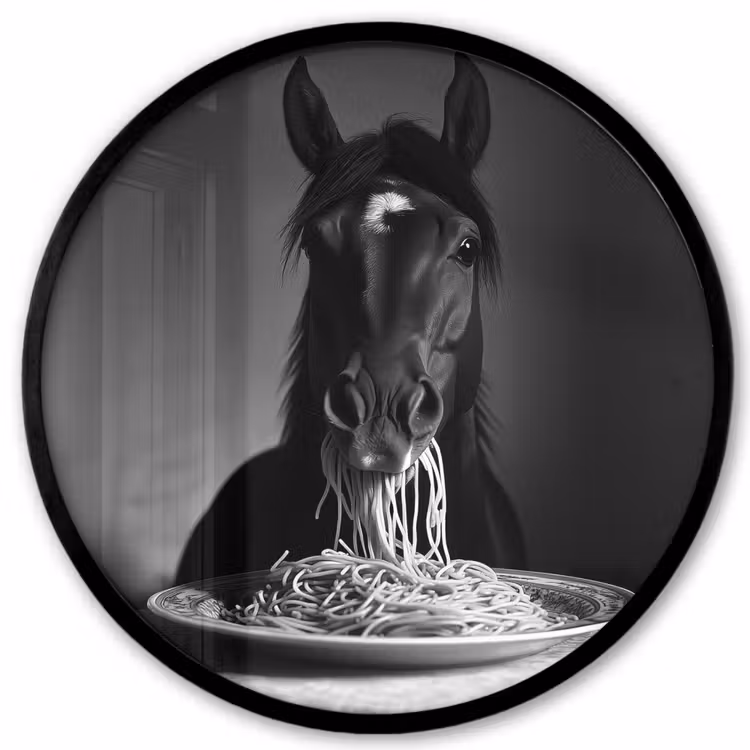 Paard - Bord - Pasta - Tafelkleed - Zwart Wit - Dieren Fotolijst rond zonder passe partout klein -3d