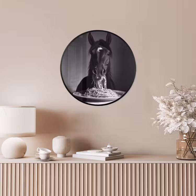 Paard - Bord - Pasta - Tafelkleed - Zwart Wit - Dieren Fotolijst rond zonder passe partout klein -sfeer3