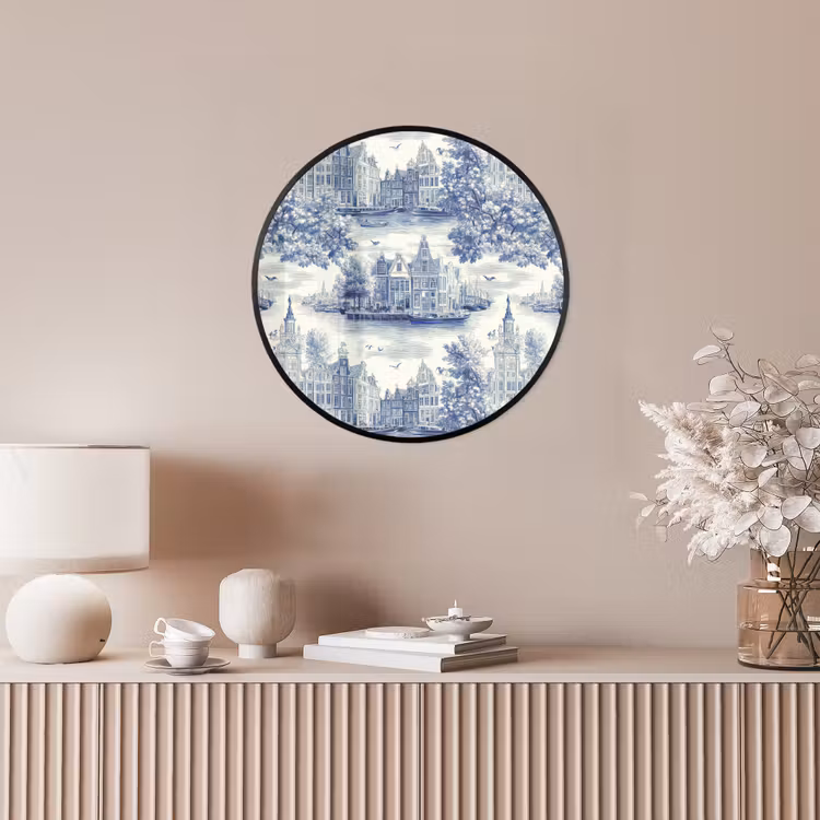 Huizen - Bomen - Water - Vogels - Blauw Fotolijst rond zonder passe partout klein 856 -sfeer3