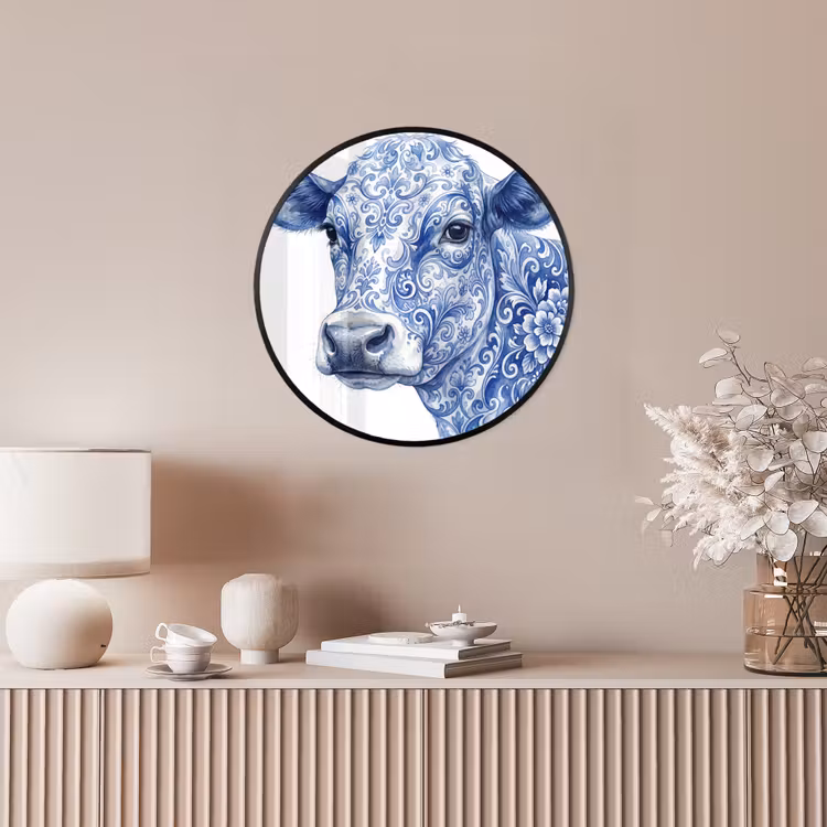 Illustratie - Koe - Blauw Fotolijst rond zonder passe partout klein -sfeer3