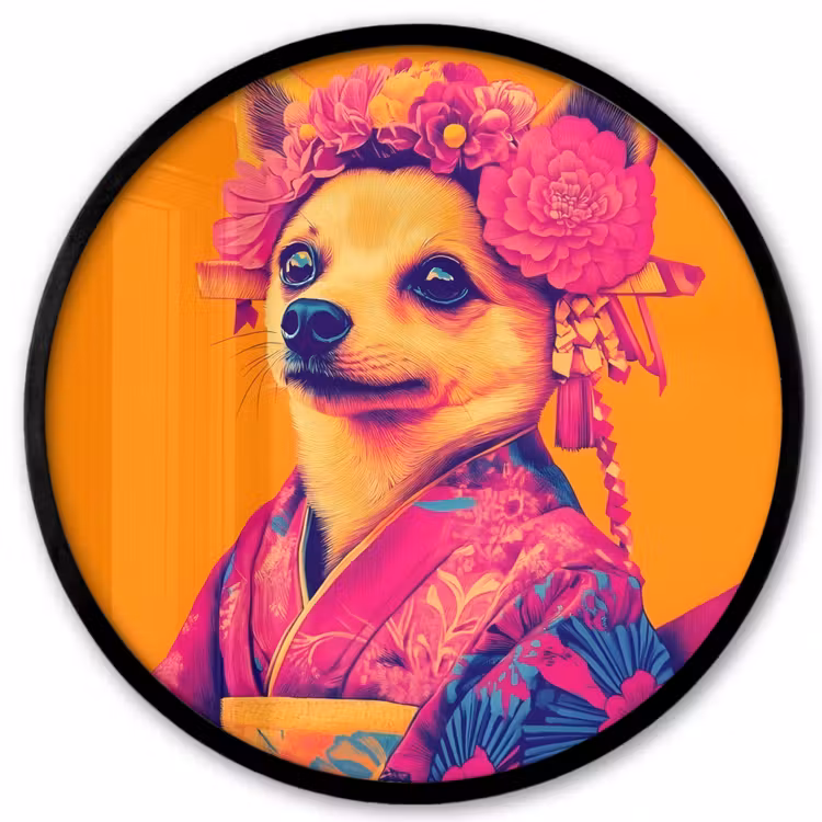 Kimono - Hondje - Bloemenkroon - Oranje Fotolijst rond zonder passe partout klein -3d