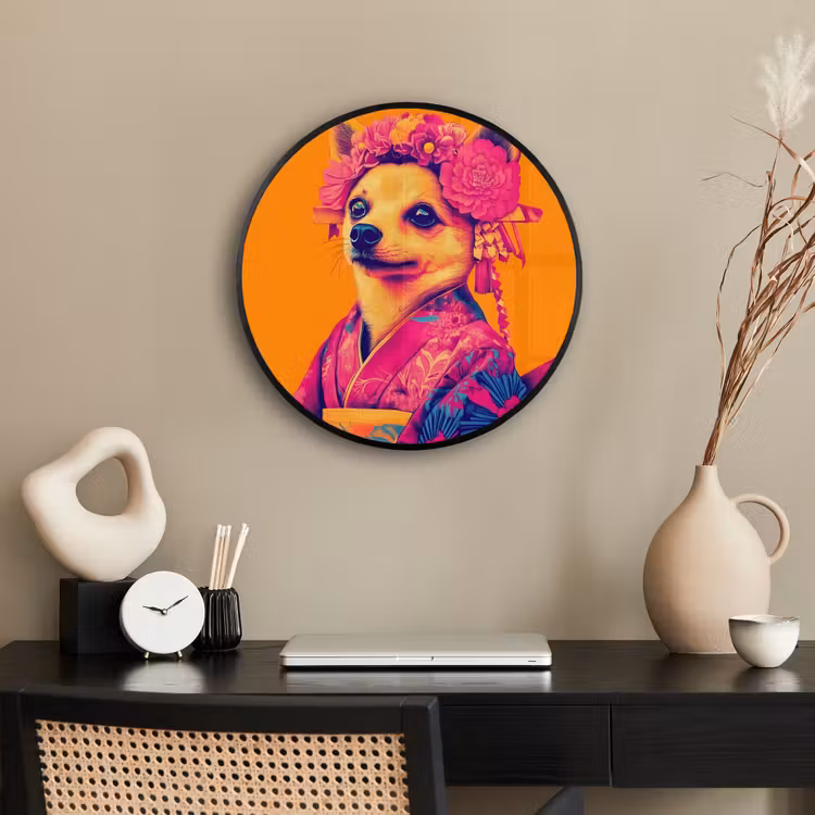 Kimono - Hondje - Bloemenkroon - Oranje Fotolijst rond zonder passe partout klein -sfeer1