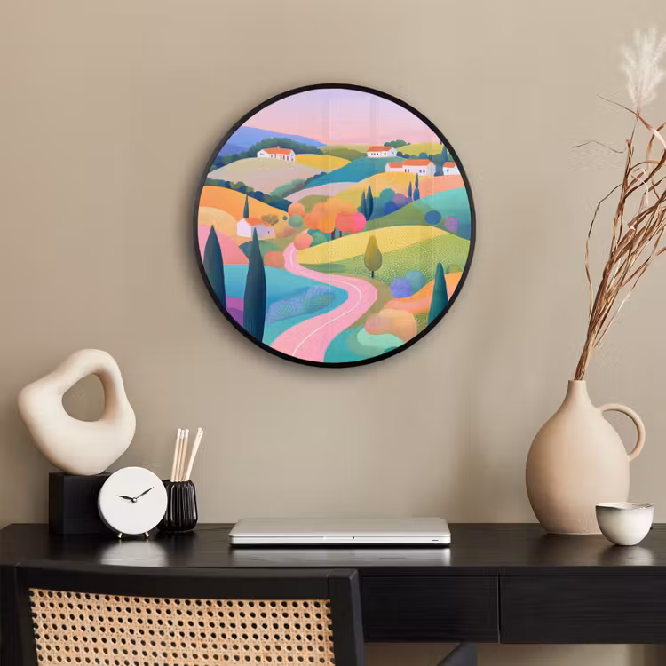 Landschap - Paars - Pastel - Huizen Fotolijst rond zonder passe partout klein -sfeer1
