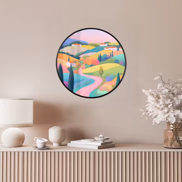 Landschap - Paars - Pastel - Huizen Fotolijst rond zonder passe partout klein -sfeer3