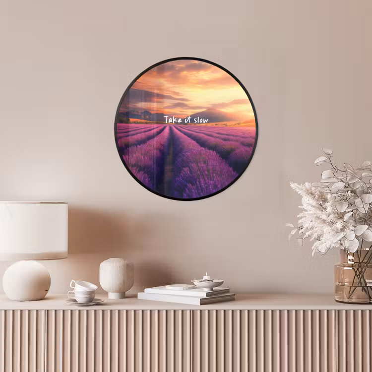 Lavendelveld - Quote - Zonsondergang Fotolijst rond zonder passe partout klein -sfeer3