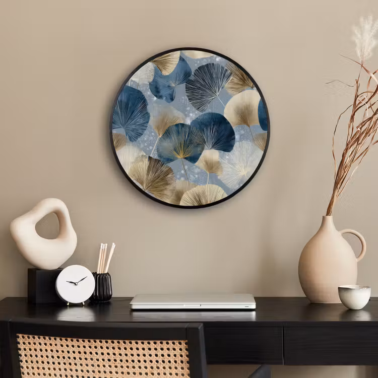 Bladeren - Abstract - Goud - Blauw Fotolijst rond zonder passe partout klein -sfeer1