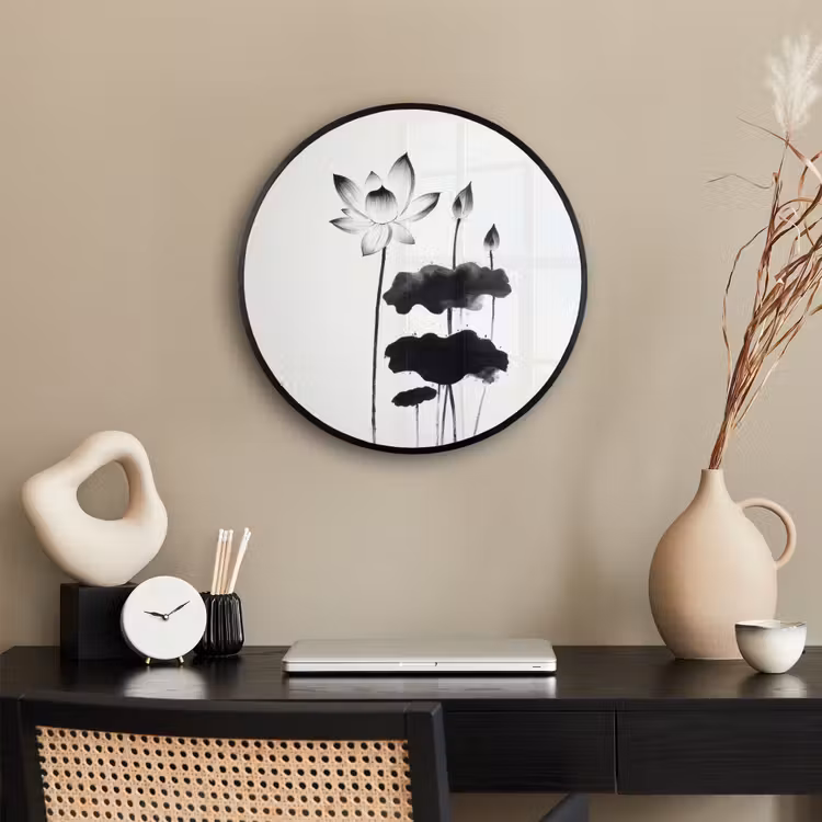 Bladeren - Zwart - Lotusbloem - Minimalitisch Fotolijst rond zonder passe partout klein -sfeer1
