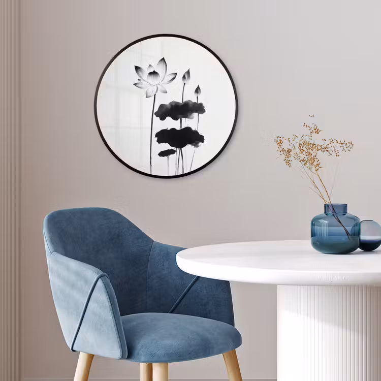 Bladeren - Zwart - Lotusbloem - Minimalitisch Fotolijst rond zonder passe partout klein -sfeer2
