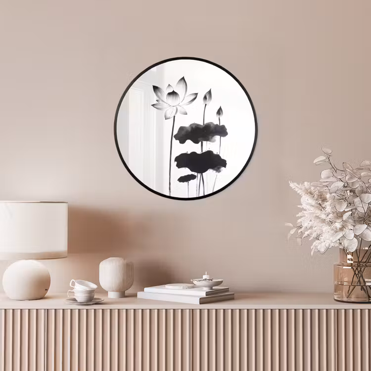 Bladeren - Zwart - Lotusbloem - Minimalitisch Fotolijst rond zonder passe partout klein -sfeer3