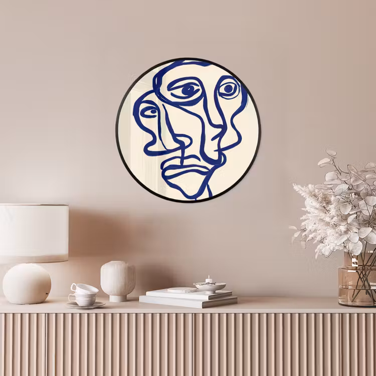 Lijntekening - Overlappende gezichten - Donkerblauw Fotolijst rond zonder passe partout klein -sfeer3