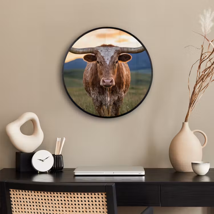 Longhorn - Landschap - Zonsondergang Fotolijst rond zonder passe partout klein -sfeer1