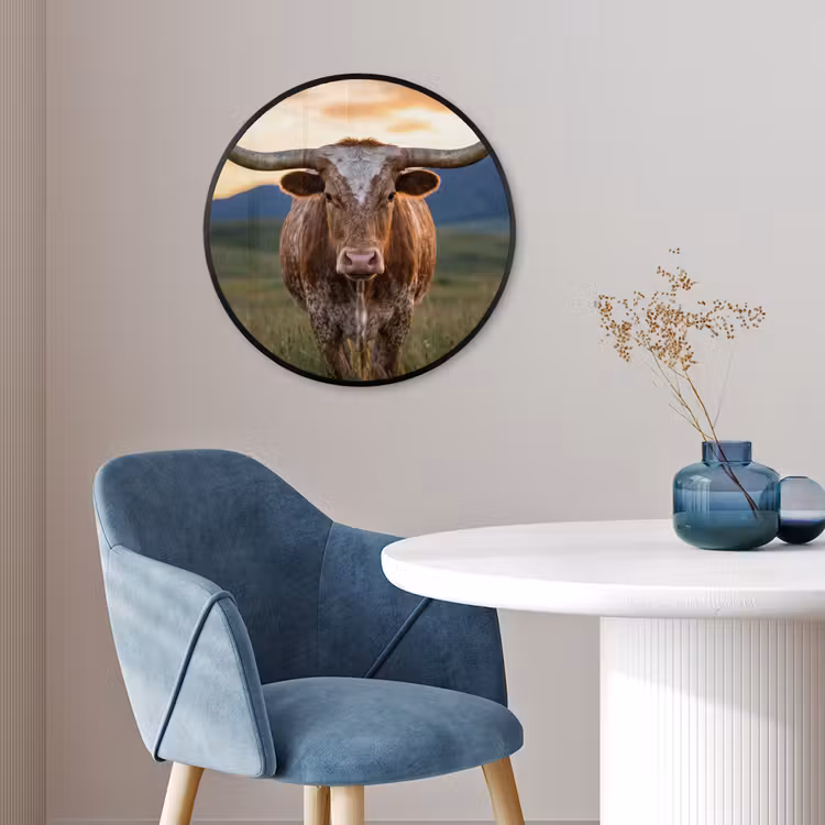 Longhorn - Landschap - Zonsondergang Fotolijst rond zonder passe partout klein -sfeer2