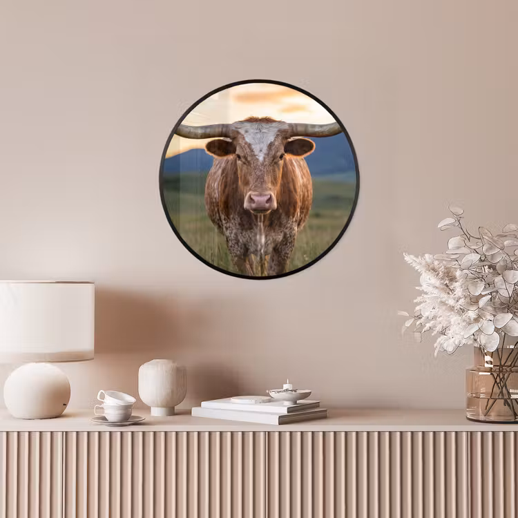 Longhorn - Landschap - Zonsondergang Fotolijst rond zonder passe partout klein -sfeer3