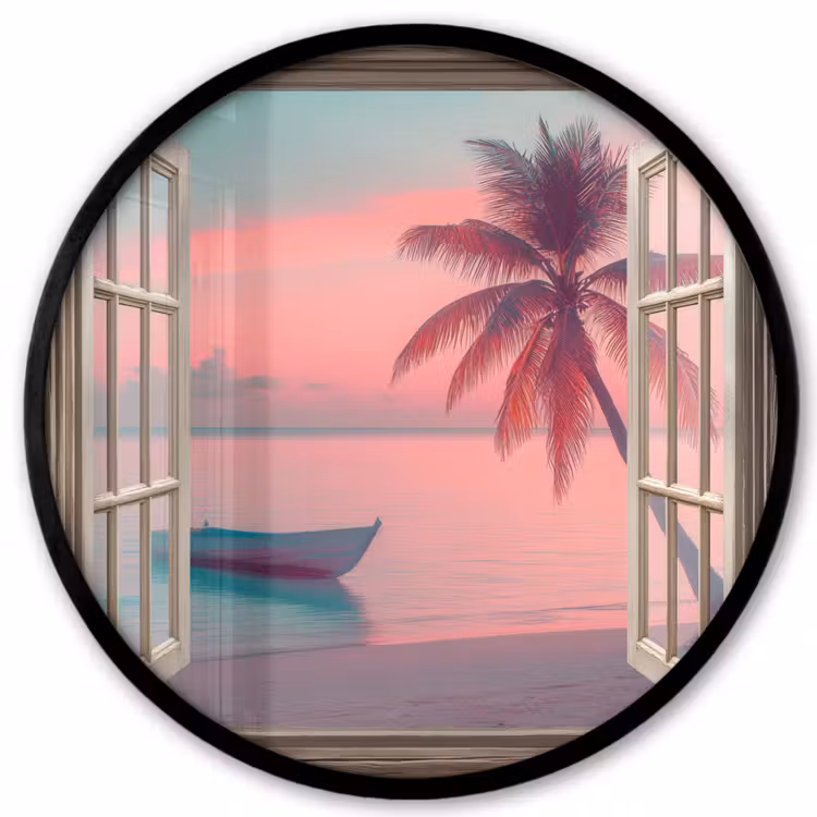Doorkijk - Strand - Palmboom - Tropisch Fotolijst rond zonder passe partout klein -3d