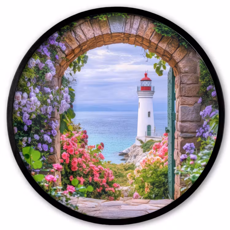 Doorkijk - Vuurtoren - Bloemen - Uitzicht Fotolijst rond zonder passe partout klein -3d