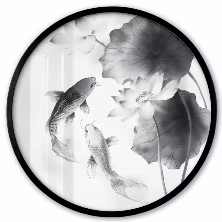 Lotusbloemen - Vissen - Bladeren - Zwart Fotolijst rond zonder passe partout klein -3d