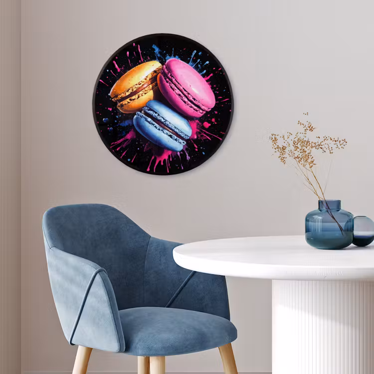 Macarons - Dessert - Graffiti - Kleurrijk - Roze - Blauw - Geel Fotolijst rond zonder passe partout klein -sfeer2
