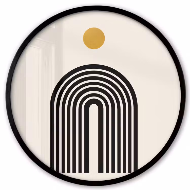 Minimalistisch - Zwarte boog - Gouden cirkel Fotolijst rond zonder passe partout klein -3d