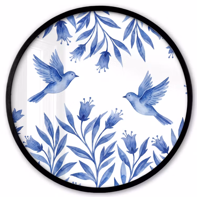 Modern - Vogels - Delfts - Blauw Fotolijst rond zonder passe partout klein -3d