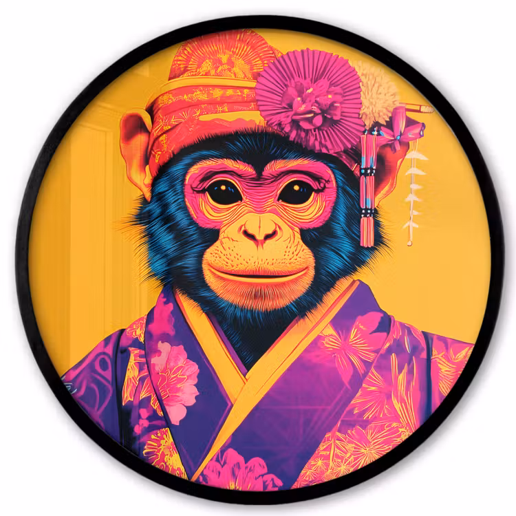 Aap - Kimono - Bloemen - Hoofdtooi Fotolijst rond zonder passe partout klein -3d