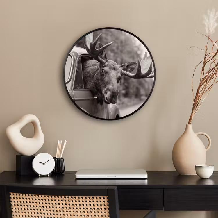 Eland - Auto - Gewei - Zwart - Wit Fotolijst rond zonder passe partout klein -sfeer1