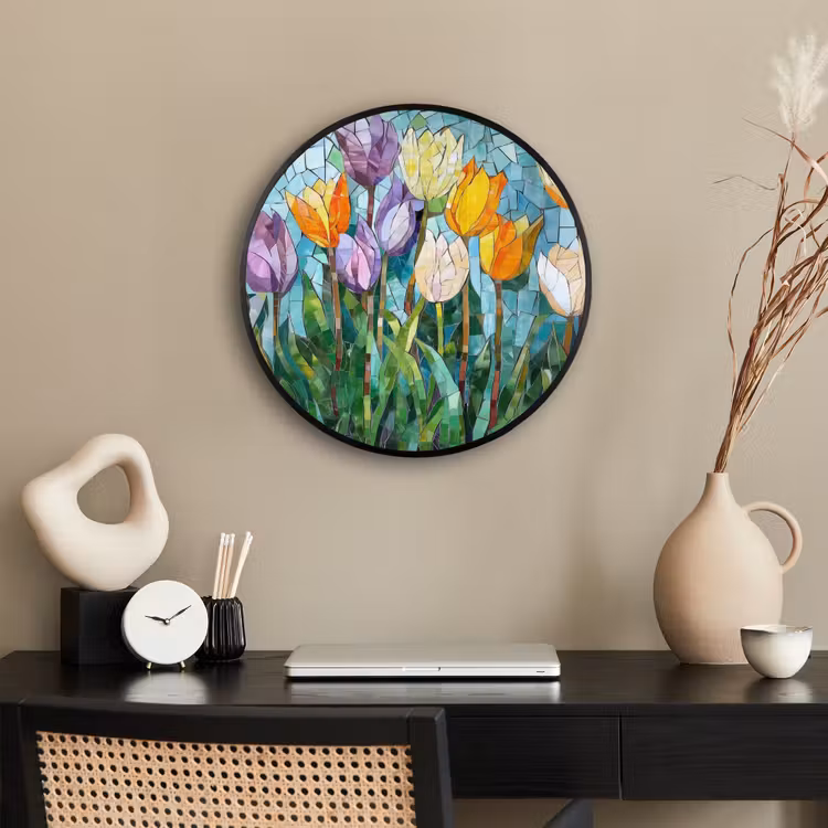 Mozaïek - Veld - Tulpen - Kleurrijk Fotolijst rond zonder passe partout klein -sfeer1