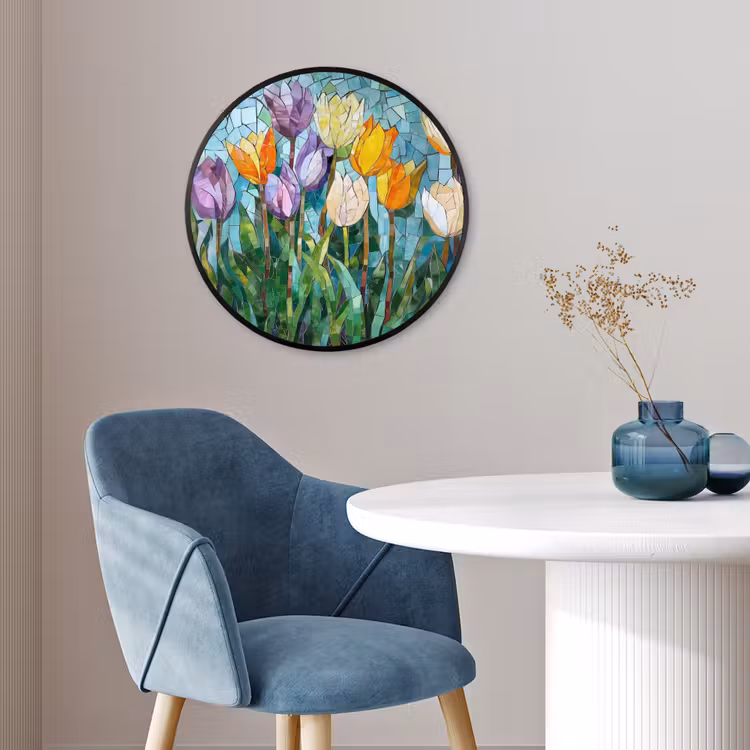 Mozaïek - Veld - Tulpen - Kleurrijk Fotolijst rond zonder passe partout klein -sfeer2