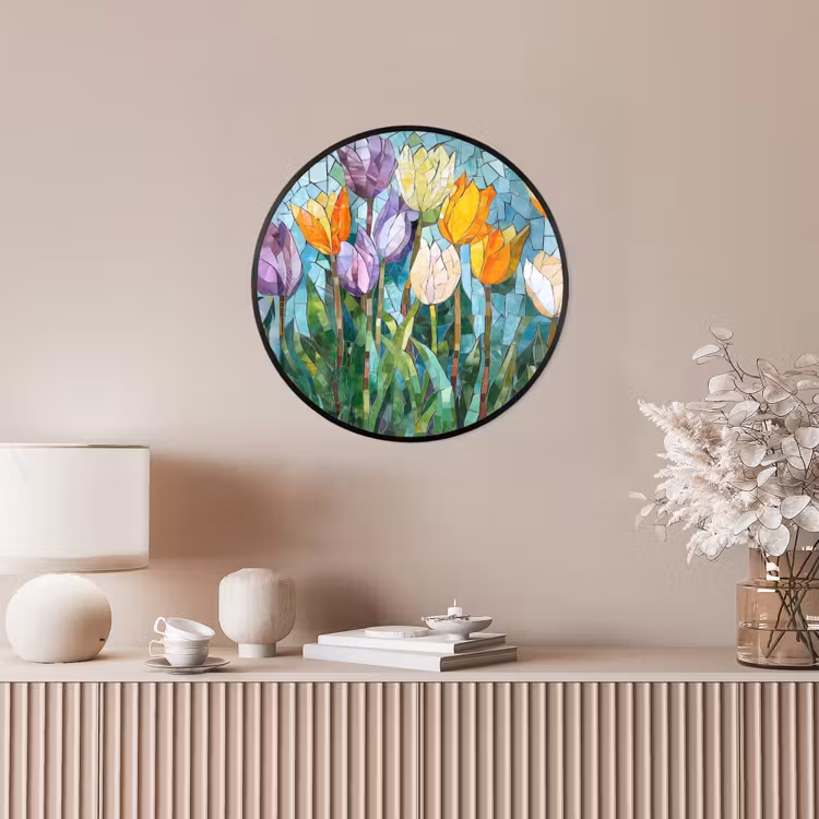 Mozaïek - Veld - Tulpen - Kleurrijk Fotolijst rond zonder passe partout klein -sfeer3