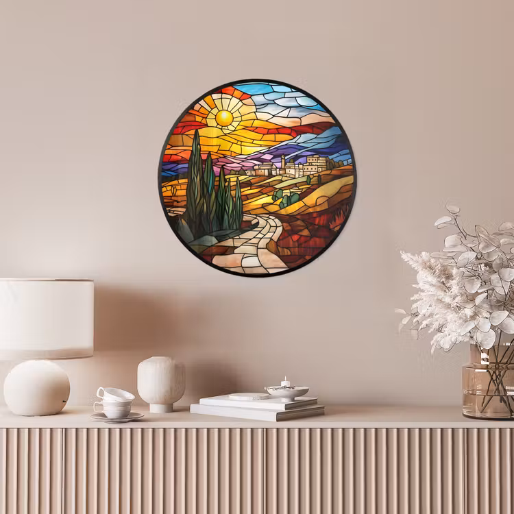 Mozaïek - Zon - Landschap - Dorp Fotolijst rond zonder passe partout klein -sfeer3