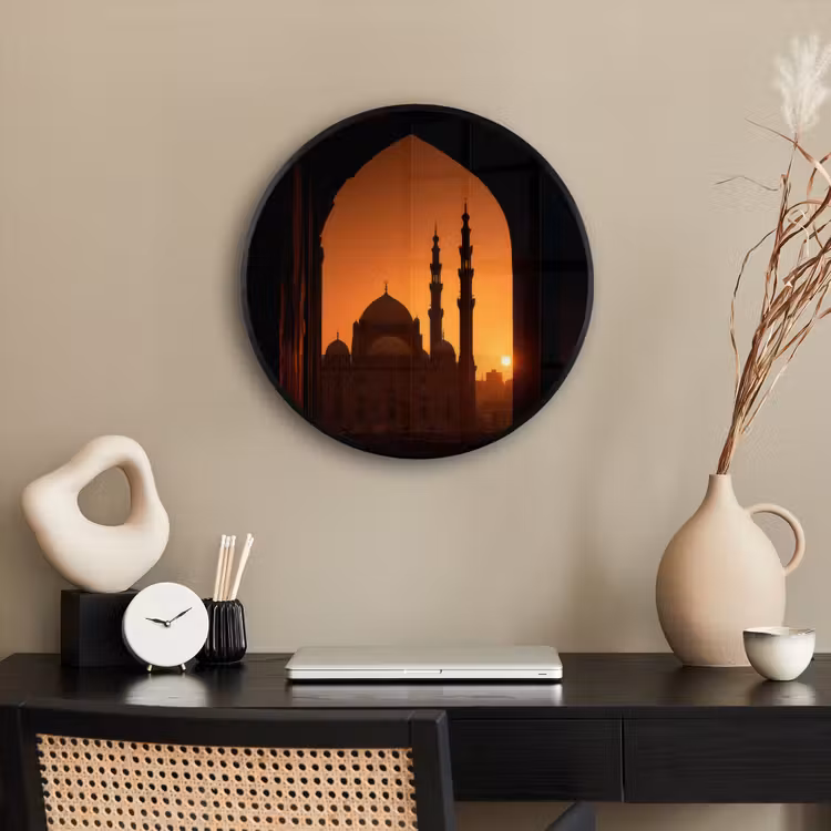 Moskee - Oranje lucht - Islamitisch Fotolijst rond zonder passe partout klein -sfeer1