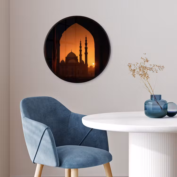 Moskee - Oranje lucht - Islamitisch Fotolijst rond zonder passe partout klein -sfeer2