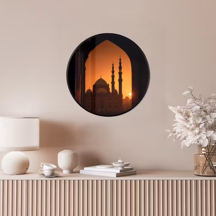 Moskee - Oranje lucht - Islamitisch Fotolijst rond zonder passe partout klein -sfeer3