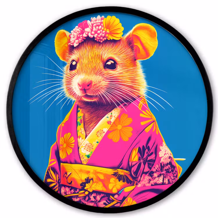 Muis - Kimono - Bloemen - Blauw Fotolijst rond zonder passe partout klein -3d