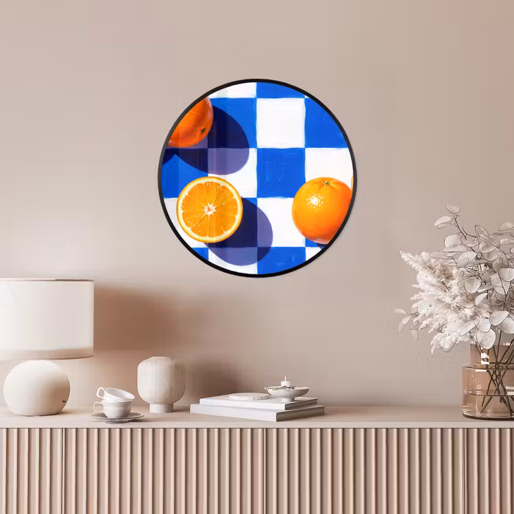 Photo Frame Round - Orange - Checkered - Food - Sinaasappel - Geruit - Eten Fotolijst rond zonder passe partout klein