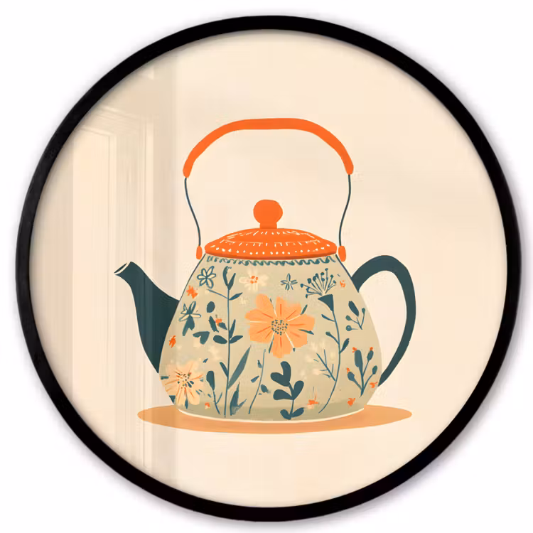 Oranje - Theepot - Bloemen - Bladeren Fotolijst rond zonder passe partout klein -3d