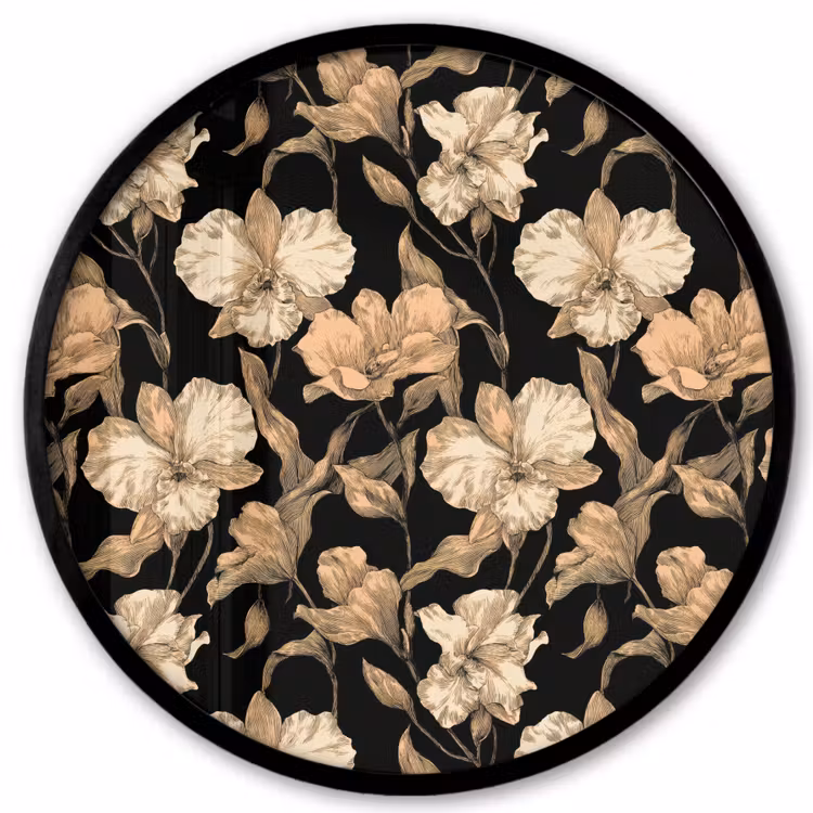 Orchideeën - Lijntekening - Patroon - Beige - Zwart Fotolijst rond zonder passe partout klein 856 -3d