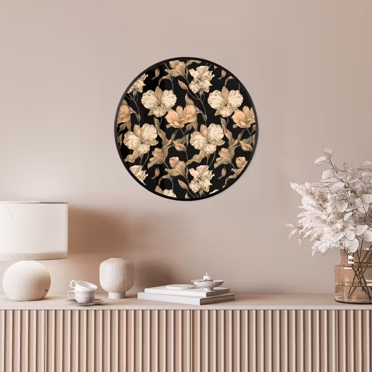 Orchideeën - Lijntekening - Patroon - Beige - Zwart Fotolijst rond zonder passe partout klein 856 -sfeer3