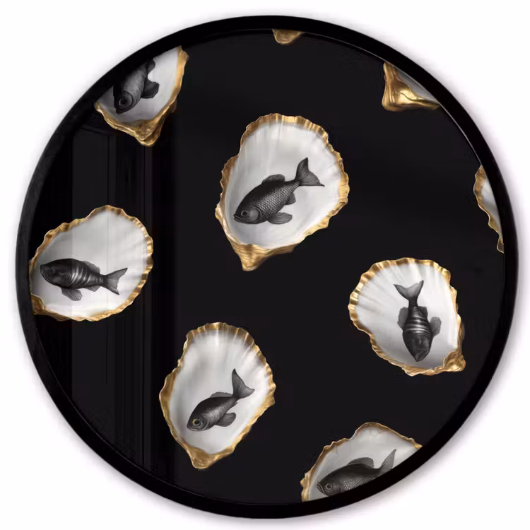 Oesters - Zwart - Vissen - Goud Fotolijst rond zonder passe partout klein -3d