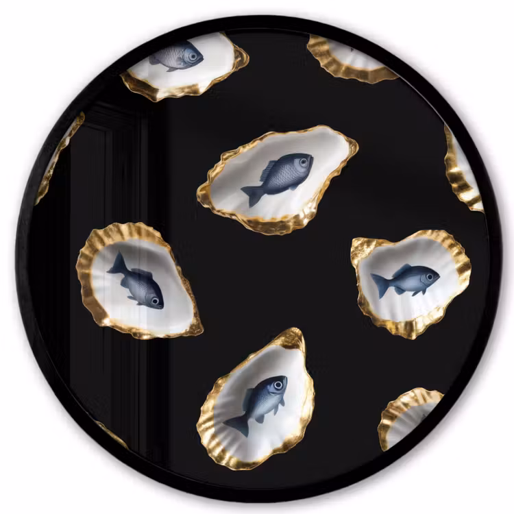 Oesters - Vissen - Blauw - Goud Fotolijst rond zonder passe partout klein -3d