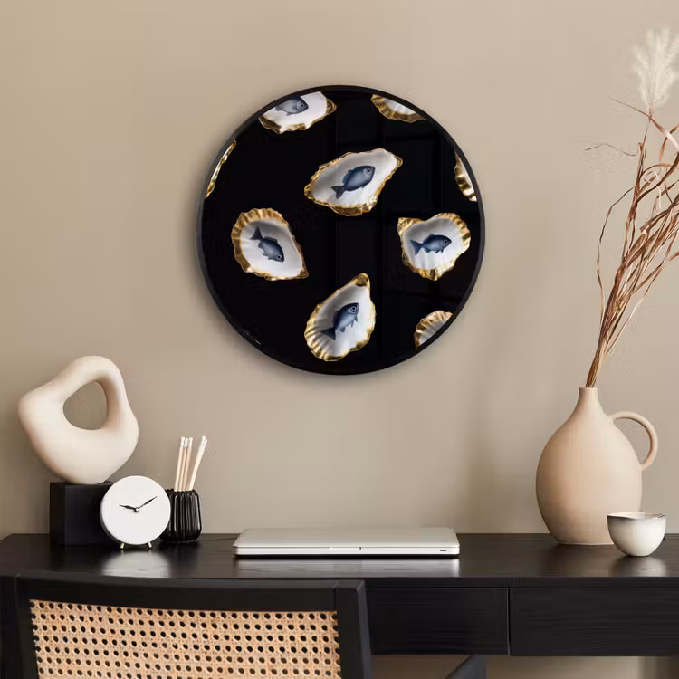 Oesters - Vissen - Blauw - Goud Fotolijst rond zonder passe partout klein -sfeer1
