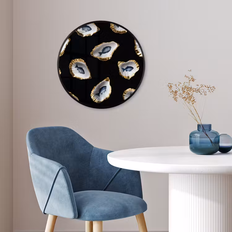 Oesters - Vissen - Blauw - Goud Fotolijst rond zonder passe partout klein -sfeer2