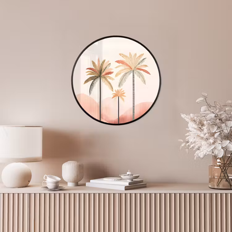 Palmbomen - Heuvels - Minimalistisch - Zachtroze Fotolijst rond zonder passe partout klein -sfeer3