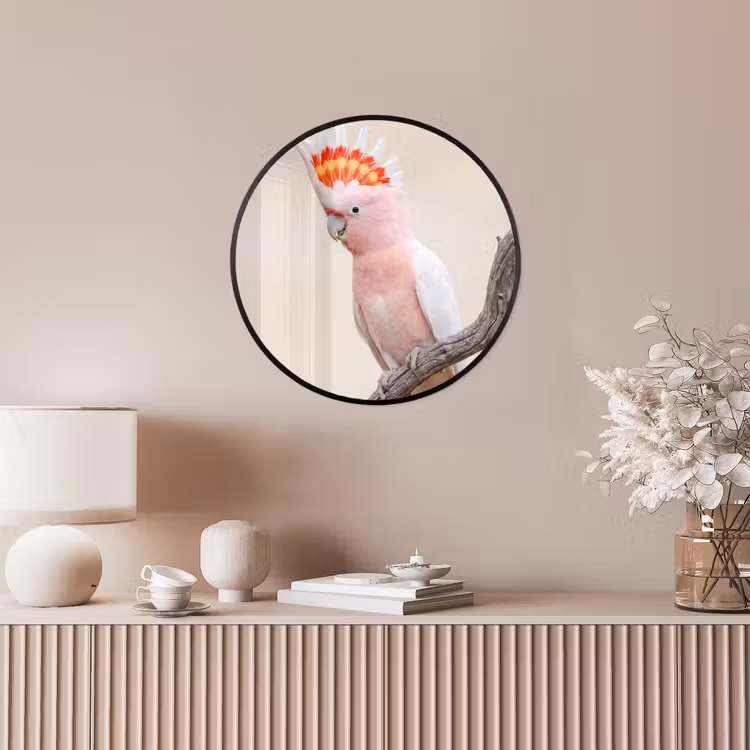 Papagaai - Tak - Roze Fotolijst rond zonder passe partout klein -sfeer3