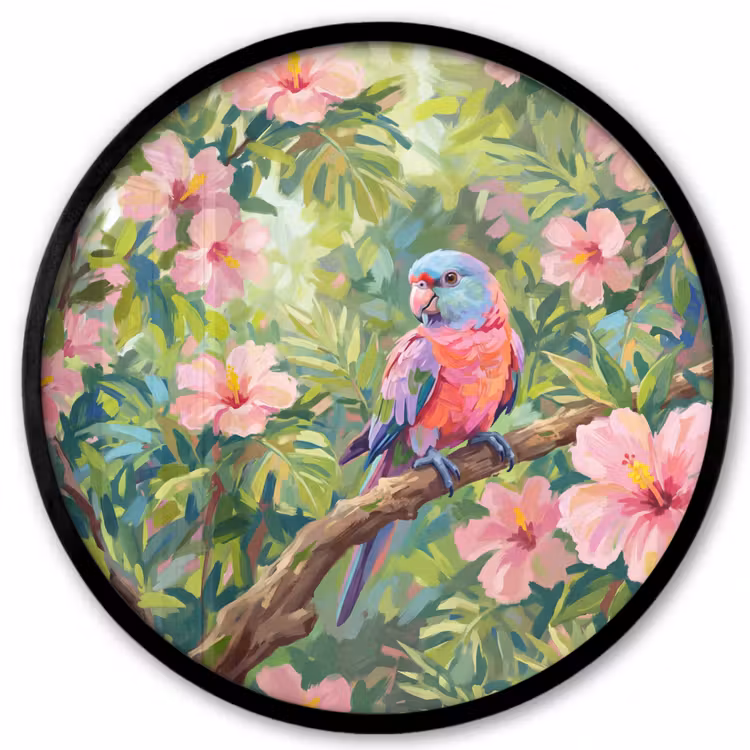 Papagaai - Hibiscusbloemen - Kleurrijk Fotolijst rond zonder passe partout klein -3d
