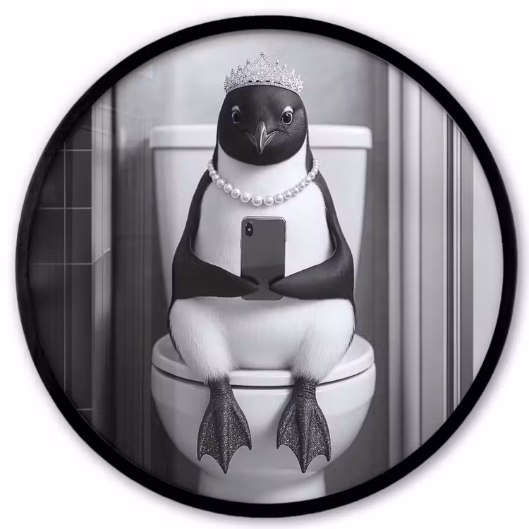 Pinguïn - Telefoon - Toilet - Zwart - Wit Fotolijst rond zonder passe partout klein -3d