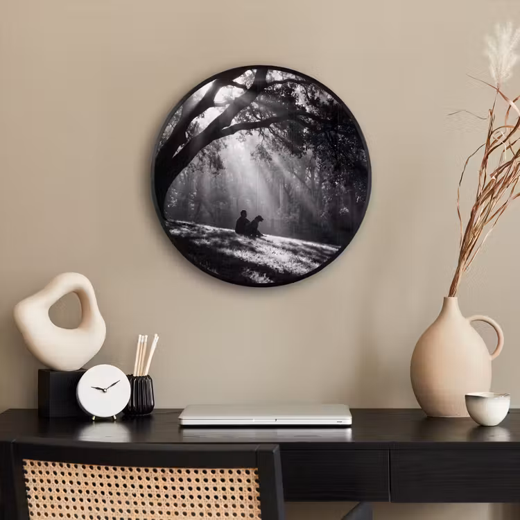 Mens - Hond - Natuur - Zwart-wit - Silhouet Fotolijst rond zonder passe partout klein -sfeer1