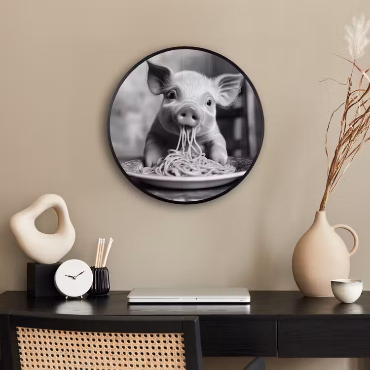 Varken - Schattig - Spaghetti - Zwart wit - Dier Fotolijst rond zonder passe partout klein -sfeer1