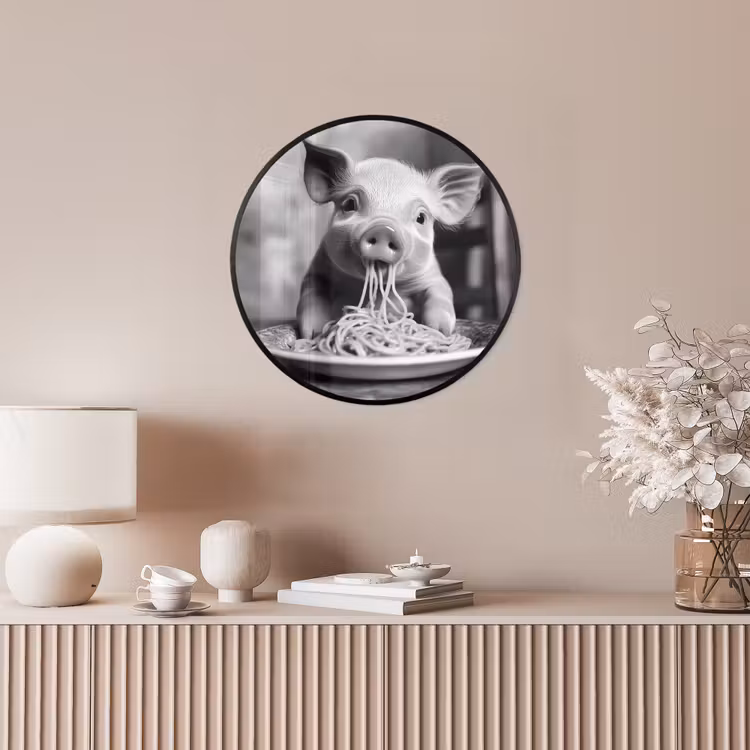 Varken - Schattig - Spaghetti - Zwart wit - Dier Fotolijst rond zonder passe partout klein -sfeer3